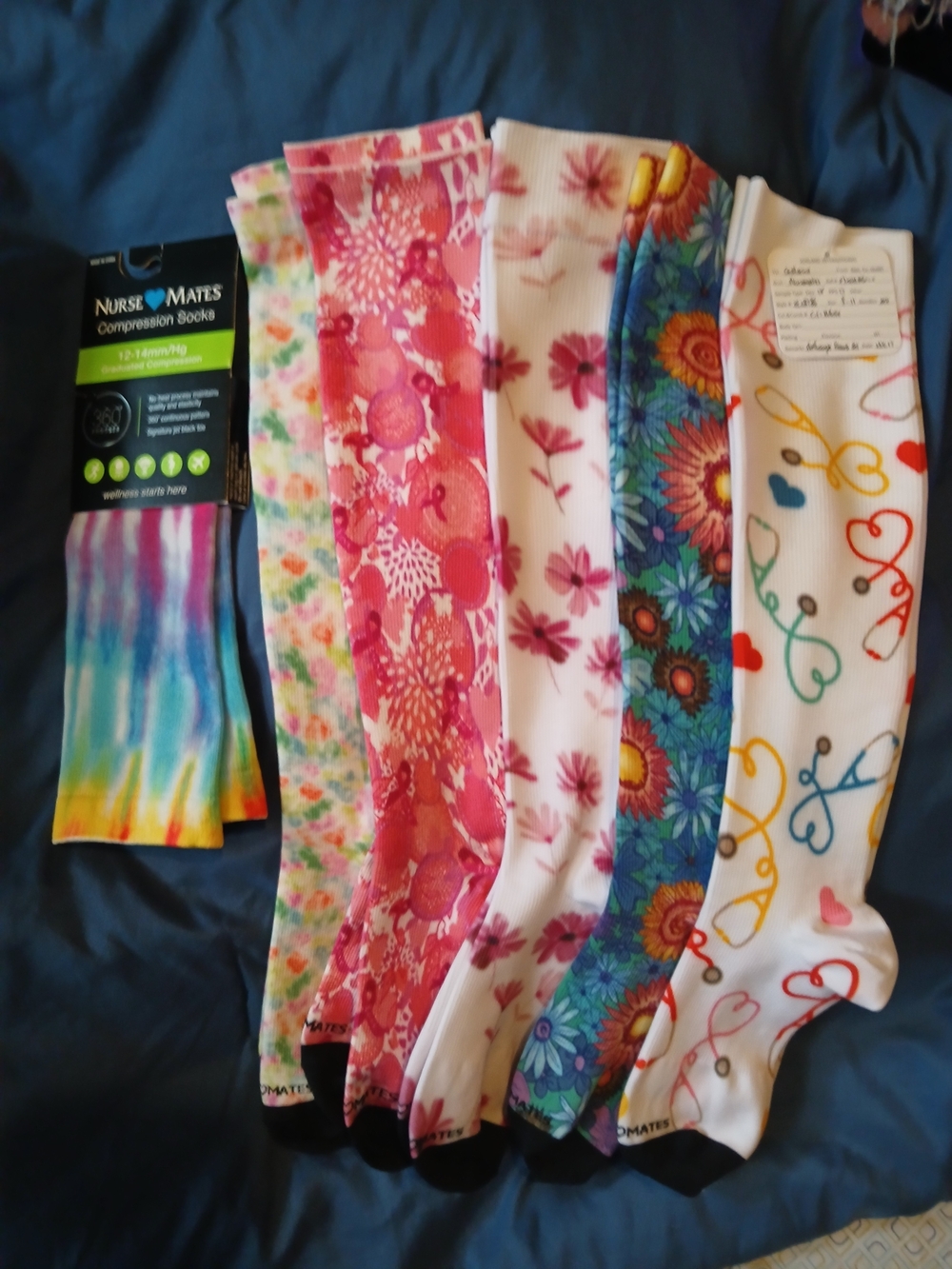 Nurse Mates Multicolor Tie-Dye & Floral Compression Socks Blue Pink Yellow BNWOT